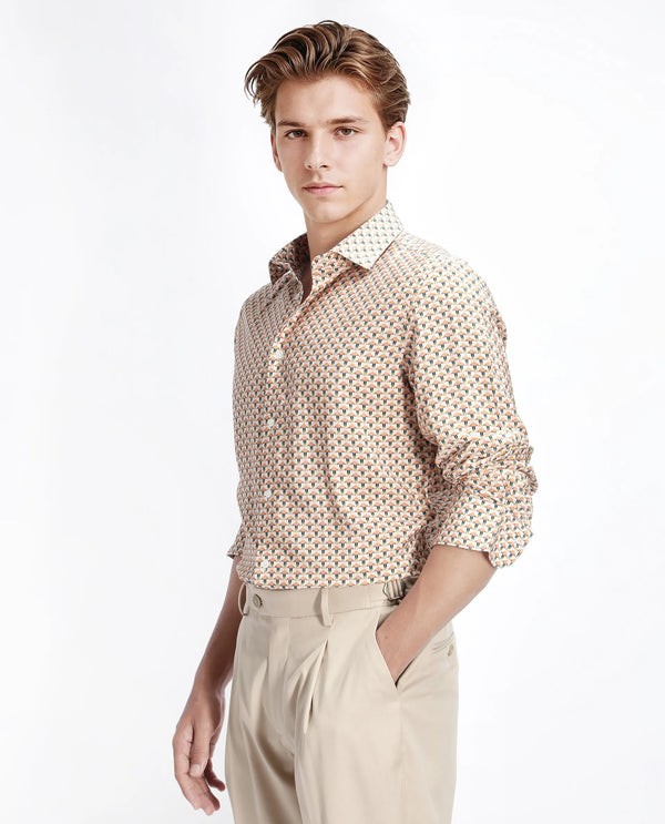 Rare Rabbit Men Miz Beige Viscose Blend Fabric Full Sleeve Spread Collar Button Geometric Print Shirt