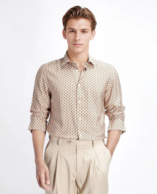 Rare Rabbit Men Miz Beige Viscose Blend Fabric Full Sleeve Spread Collar Button Geometric Print Shirt