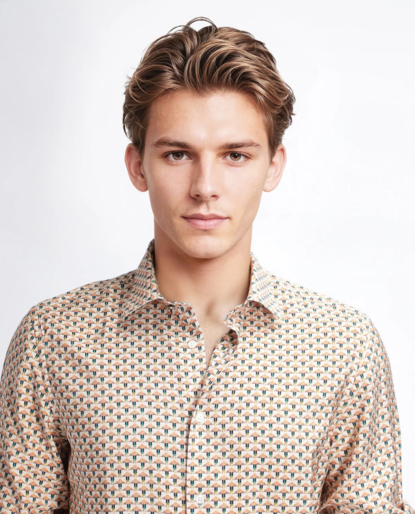 Rare Rabbit Men Miz Beige Viscose Blend Fabric Full Sleeve Spread Collar Button Geometric Print Shirt