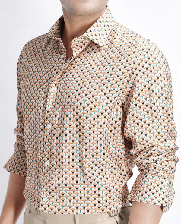 Rare Rabbit Men Miz Beige Viscose Blend Fabric Full Sleeve Spread Collar Button Geometric Print Shirt