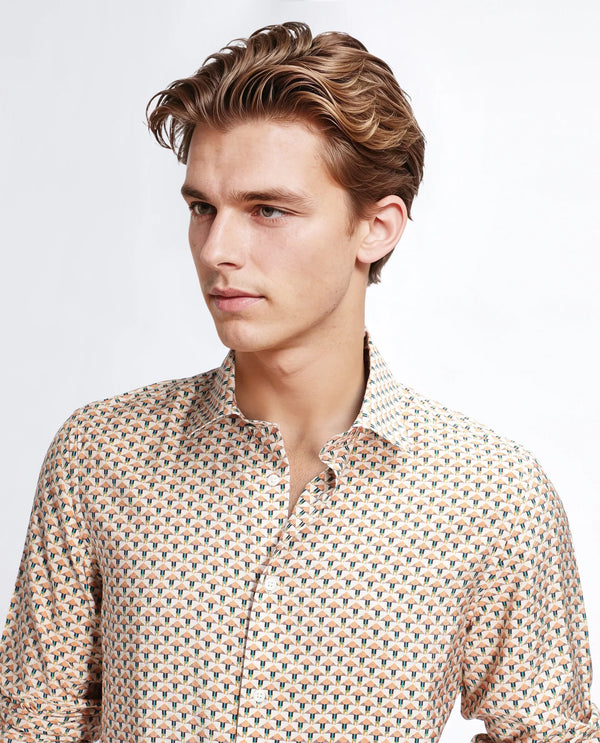 Rare Rabbit Men Miz Beige Viscose Blend Fabric Full Sleeve Spread Collar Button Geometric Print Shirt