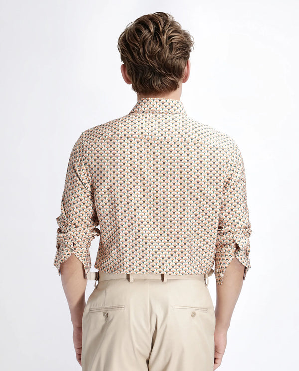 Rare Rabbit Men Miz Beige Viscose Blend Fabric Full Sleeve Spread Collar Button Geometric Print Shirt