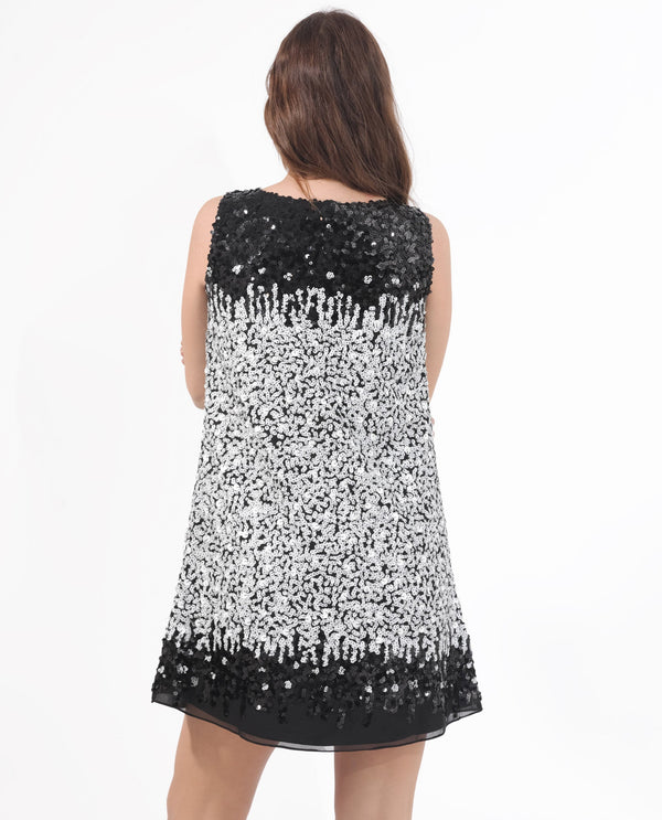 Rareism Women Moana Sheen White Polyester Fabric V-Neck Sleeveless Regular Fit Sequined Short Dress