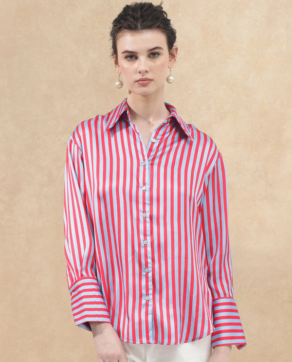 Rareism Women Mochin Blue Polyester Fabric Full Sleeves Button Closure Collared Neck Cuffed Sleeve Regular Fit Striped Shirt