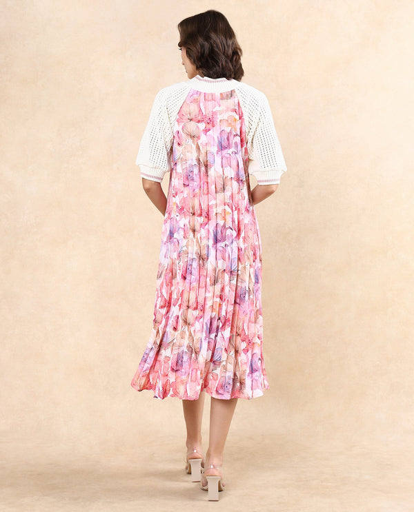 Rareism Women's Modenl Multi Satin Fabric Ribbed Collar  Raglan Sleeve Floral Print Flared Midi Dress