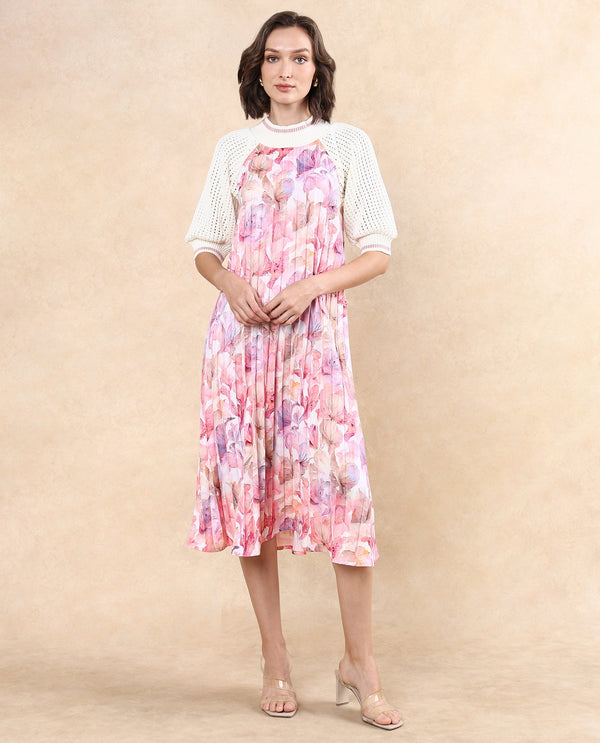 Rareism Women's Modenl Multi Satin Fabric Ribbed Collar  Raglan Sleeve Floral Print Flared Midi Dress