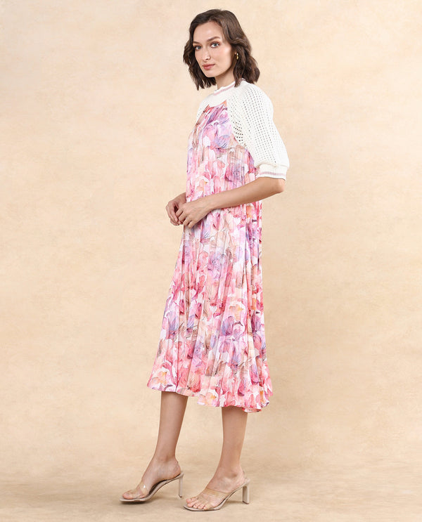 Rareism Women's Modenl Multi Satin Fabric Ribbed Collar  Raglan Sleeve Floral Print Flared Midi Dress