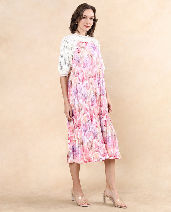 Rareism Women's Modenl Multi Satin Fabric Ribbed Collar  Raglan Sleeve Floral Print Flared Midi Dress