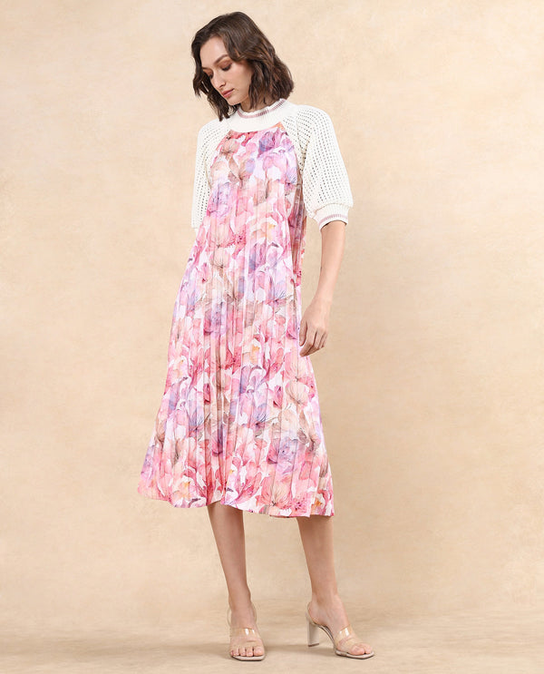 Rareism Women's Modenl Multi Satin Fabric Ribbed Collar  Raglan Sleeve Floral Print Flared Midi Dress
