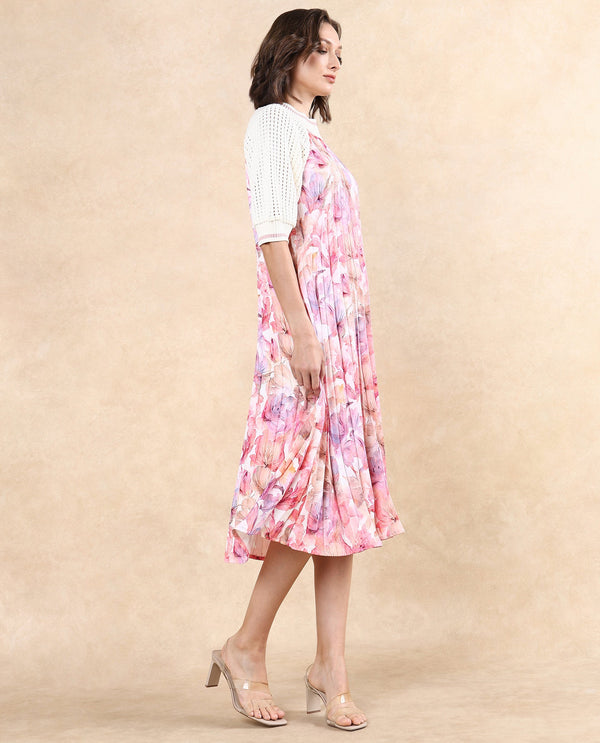 Rareism Women's Modenl Multi Satin Fabric Ribbed Collar  Raglan Sleeve Floral Print Flared Midi Dress