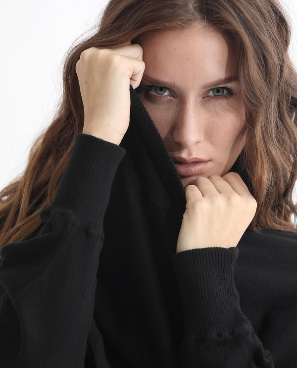 Rareism Women Modem Black Cotton Fabric Full Sleeves Regular Fit Solid High Neck Sweater