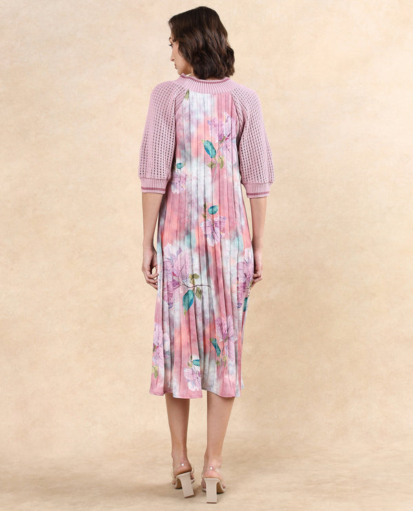 Rareism Women Modley Multi Polyester Fabric Raglan Sleeves Ribbed Collar Flared Fit Midi Floral Print Dress
