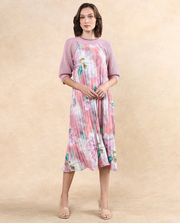 Rareism Women Modley Multi Polyester Fabric Raglan Sleeves Ribbed Collar Flared Fit Midi Floral Print Dress