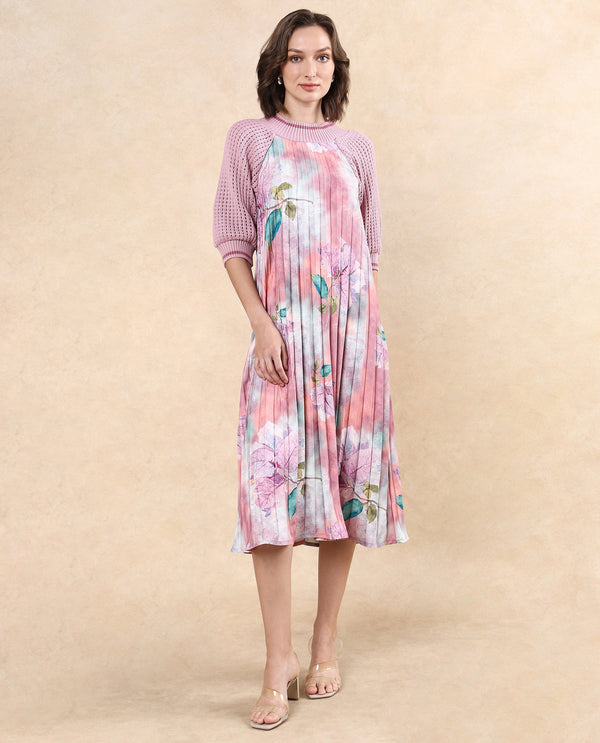 Rareism Women Modley Multi Polyester Fabric Raglan Sleeves Ribbed Collar Flared Fit Midi Floral Print Dress