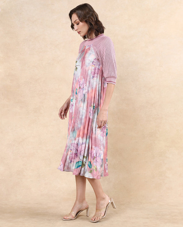 Rareism Women Modley Multi Polyester Fabric Raglan Sleeves Ribbed Collar Flared Fit Midi Floral Print Dress