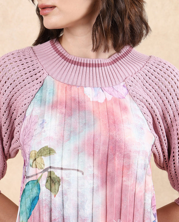 Rareism Women Modley Multi Polyester Fabric Raglan Sleeves Ribbed Collar Flared Fit Midi Floral Print Dress