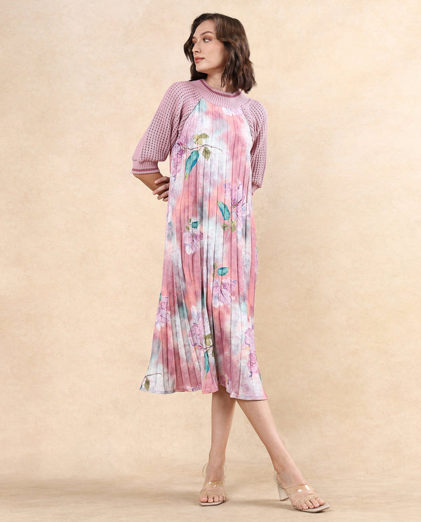 Rareism Women Modley Multi Polyester Fabric Raglan Sleeves Ribbed Collar Flared Fit Midi Floral Print Dress