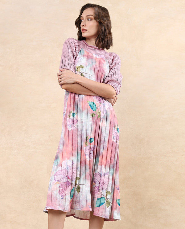 Rareism Women Modley Multi Polyester Fabric Raglan Sleeves Ribbed Collar Flared Fit Midi Floral Print Dress