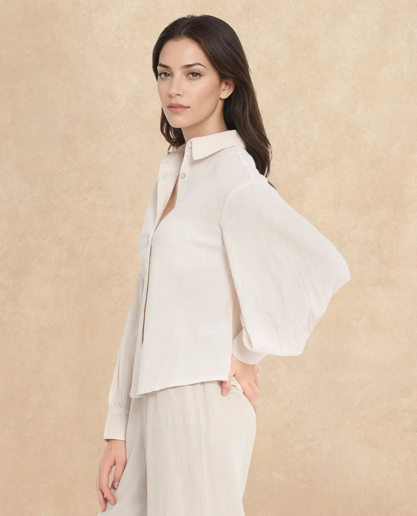 Rareism Women Molfetta Light Off White Bishop Sleeve Collared Neck Plain Shirt