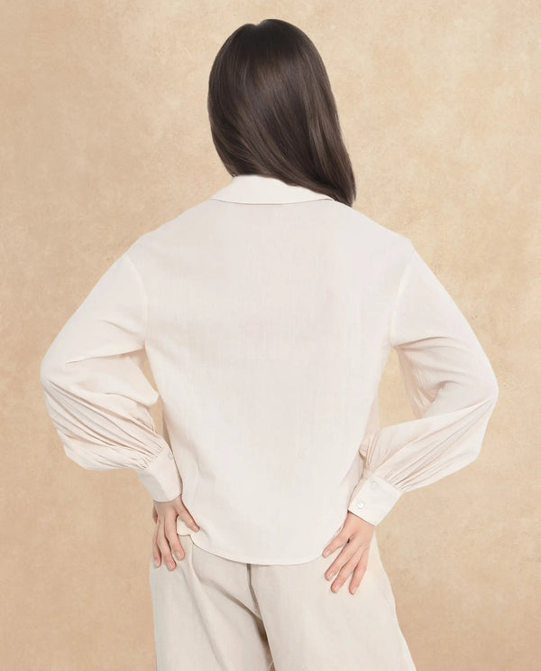 Rareism Women Molfetta Light Off White Bishop Sleeve Collared Neck Plain Shirt
