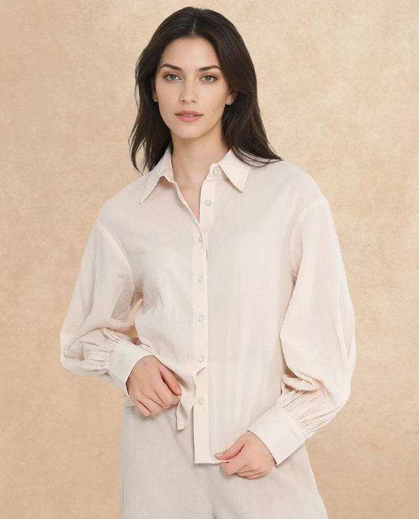 Rareism Women Molfetta Light Off White Bishop Sleeve Collared Neck Plain Shirt