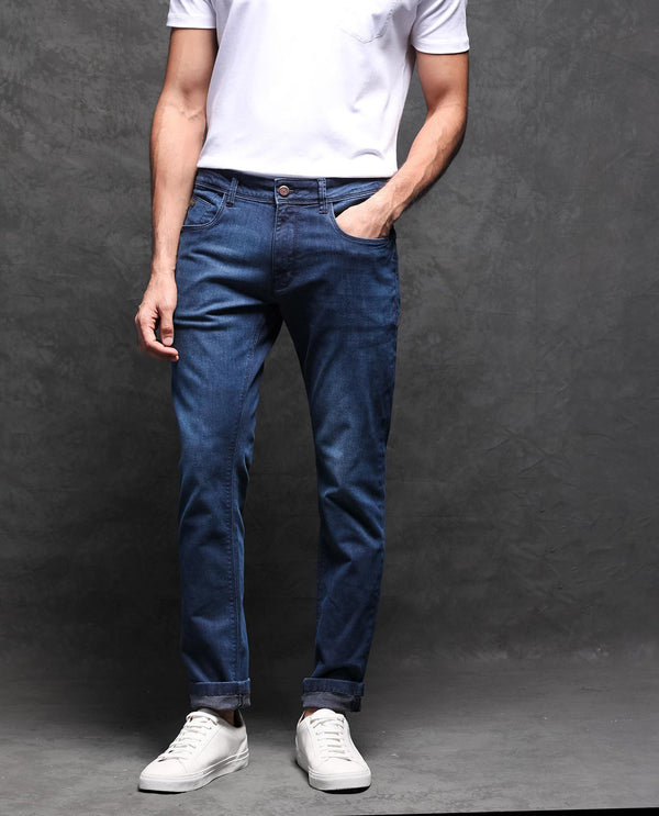 Rare Rabbit Men's Monaco Navy Dark Wash Mid-Rise Slim Fit Jeans