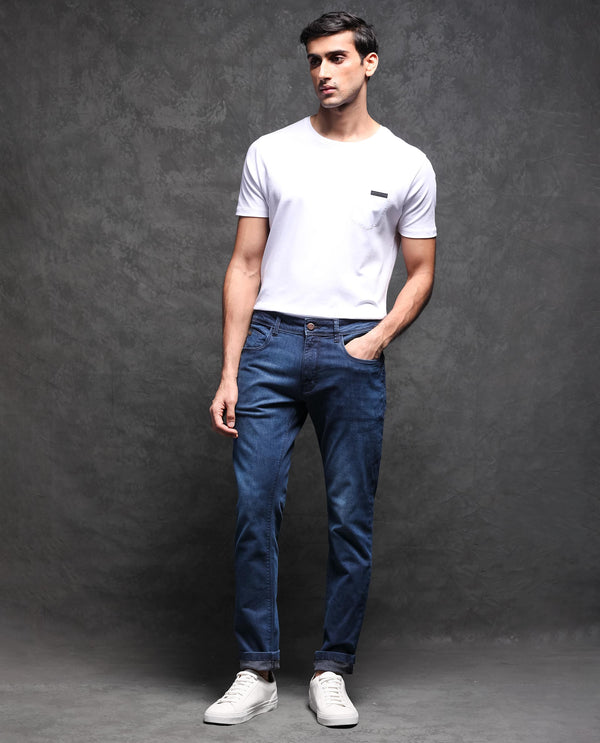 Rare Rabbit Men's Monaco Navy Dark Wash Mid-Rise Slim Fit Jeans