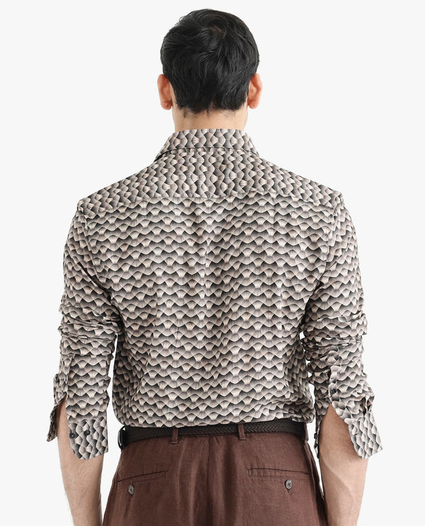 Rare Rabbit Men's Monar LS Beige Viscose Fabric Full Sleeves Regular Fit Geometric Print Shirt