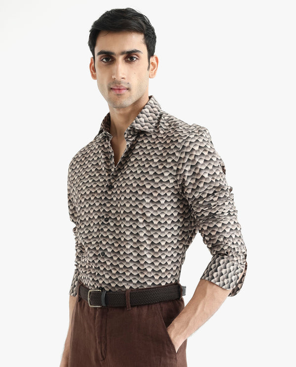 Rare Rabbit Men's Monar LS Beige Viscose Fabric Full Sleeves Regular Fit Geometric Print Shirt