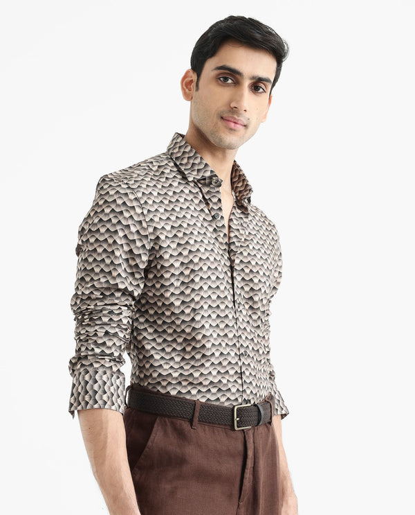 Rare Rabbit Men's Monar LS Beige Viscose Fabric Full Sleeves Regular Fit Geometric Print Shirt