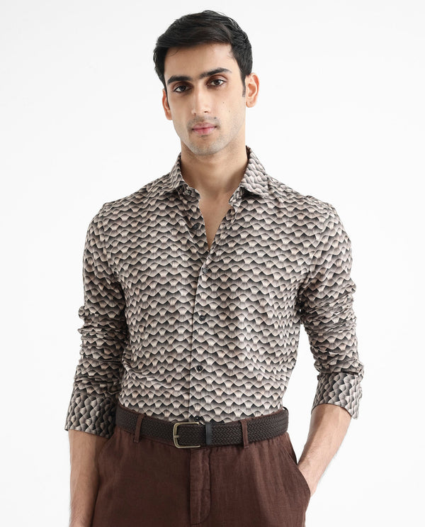 Rare Rabbit Men's Monar LS Beige Viscose Fabric Full Sleeves Regular Fit Geometric Print Shirt