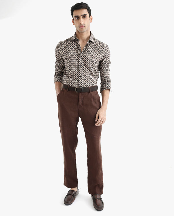 Rare Rabbit Men's Monar LS Beige Viscose Fabric Full Sleeves Regular Fit Geometric Print Shirt