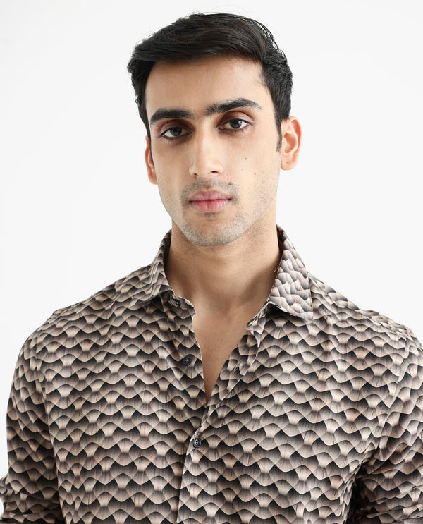 Rare Rabbit Men's Monar LS Beige Viscose Fabric Full Sleeves Regular Fit Geometric Print Shirt
