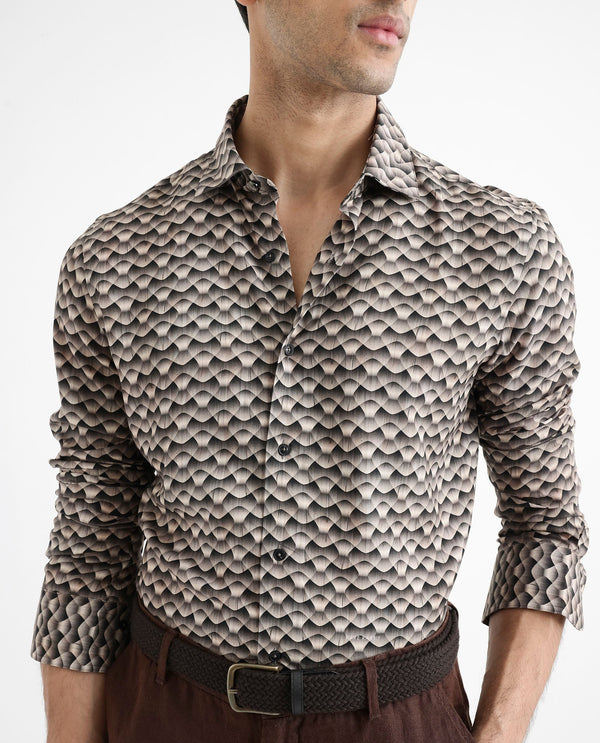 Rare Rabbit Men's Monar LS Beige Viscose Fabric Full Sleeves Regular Fit Geometric Print Shirt