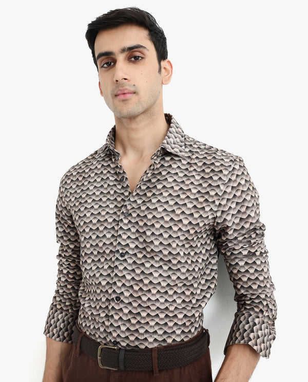 Rare Rabbit Men's Monar LS Beige Viscose Fabric Full Sleeves Regular Fit Geometric Print Shirt