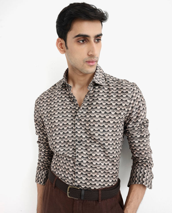 Rare Rabbit Men's Monar LS Beige Viscose Fabric Full Sleeves Regular Fit Geometric Print Shirt