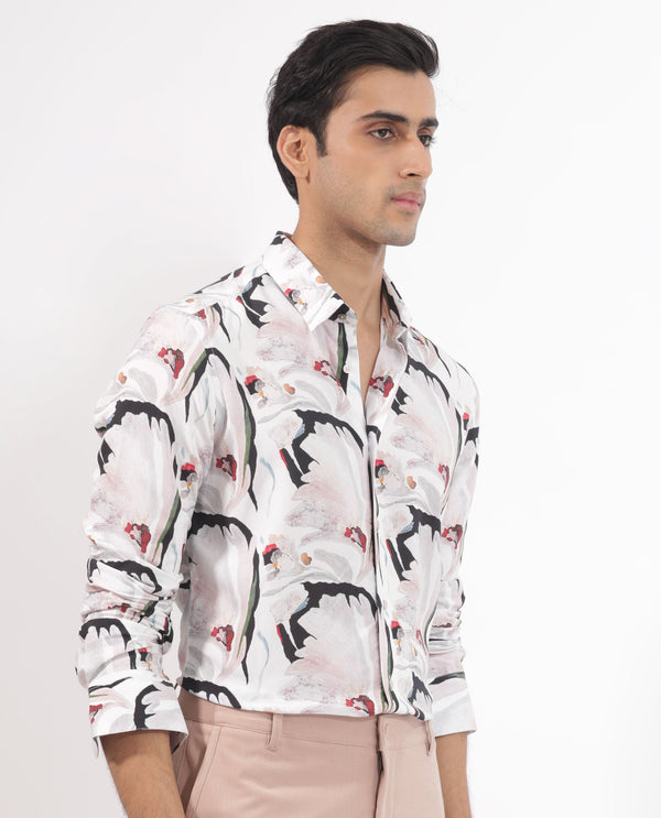 Rare Rabbit Mens Monch White Viscose Fabric Full Sleeve Abstract Floral Print Shirt