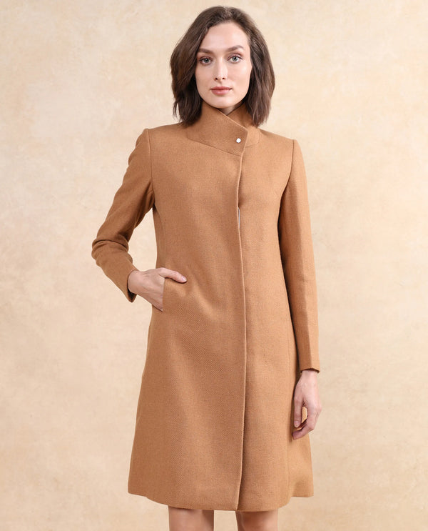 Rareism Women Monch Beige Overlap Neck Midi Length Plain Jacket