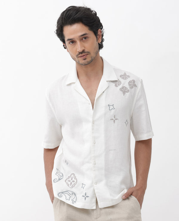 Rare Rabbit Mens Monobo White Cotton Linen Modal Fabric Half Sleeve Cuban Collar Boxy Fit Embroidered Shirt