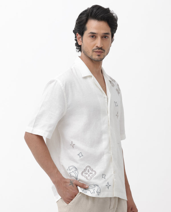 Rare Rabbit Mens Monobo White Cotton Linen Modal Fabric Half Sleeve Cuban Collar Boxy Fit Embroidered Shirt
