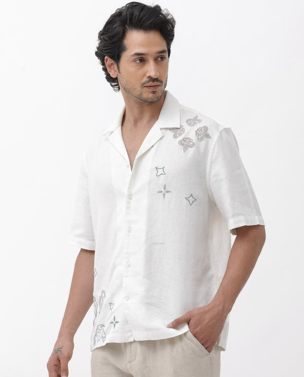 Rare Rabbit Mens Monobo White Cotton Linen Modal Fabric Half Sleeve Cuban Collar Boxy Fit Embroidered Shirt