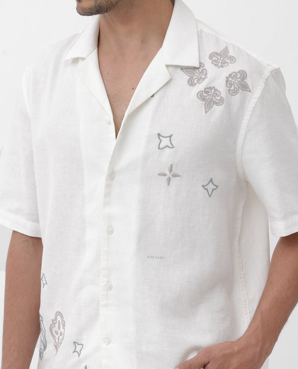 Rare Rabbit Mens Monobo White Cotton Linen Modal Fabric Half Sleeve Cuban Collar Boxy Fit Embroidered Shirt