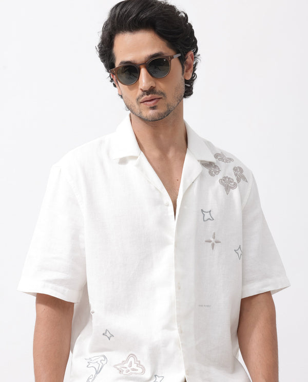 Rare Rabbit Mens Monobo White Cotton Linen Modal Fabric Half Sleeve Cuban Collar Boxy Fit Embroidered Shirt