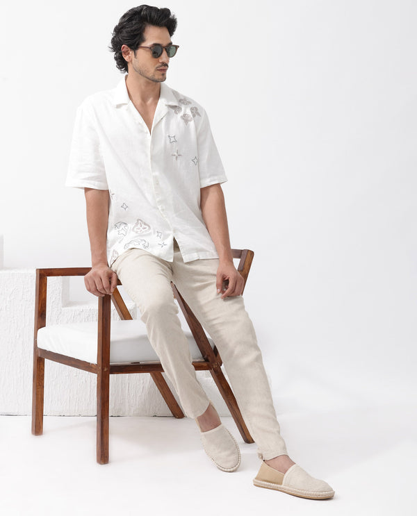 Rare Rabbit Mens Monobo White Cotton Linen Modal Fabric Half Sleeve Cuban Collar Boxy Fit Embroidered Shirt