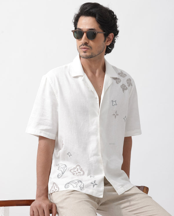 Rare Rabbit Mens Monobo White Cotton Linen Modal Fabric Half Sleeve Cuban Collar Boxy Fit Embroidered Shirt
