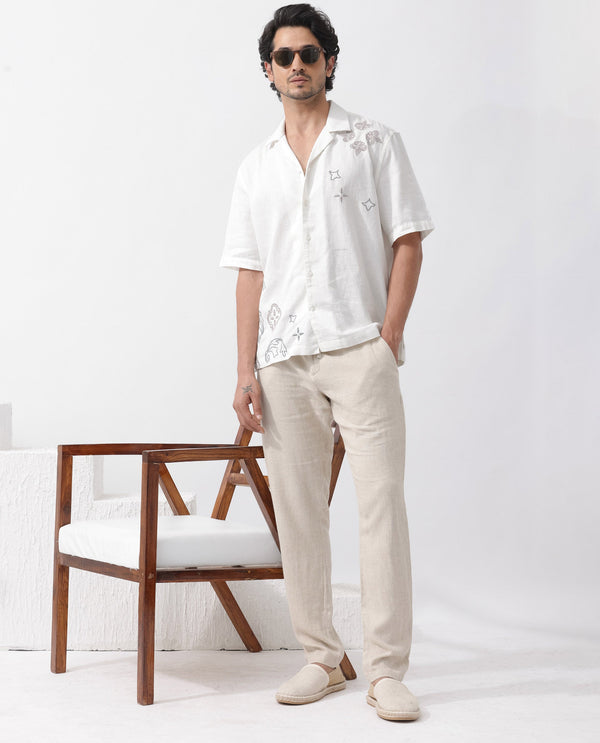 Rare Rabbit Mens Monobo White Cotton Linen Modal Fabric Half Sleeve Cuban Collar Boxy Fit Embroidered Shirt