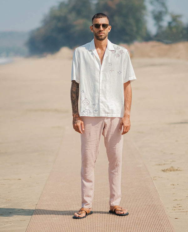 Rare Rabbit Mens Monobo White Cotton Linen Modal Fabric Half Sleeve Cuban Collar Boxy Fit Embroidered Shirt