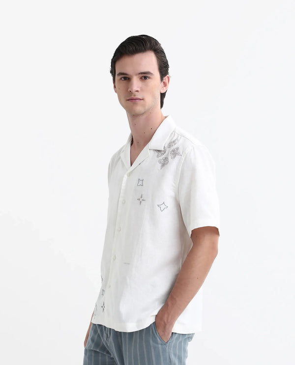 Rare Rabbit Mens Monobo White Cotton Linen Modal Fabric Half Sleeve Cuban Collar Boxy Fit Embroidered Shirt