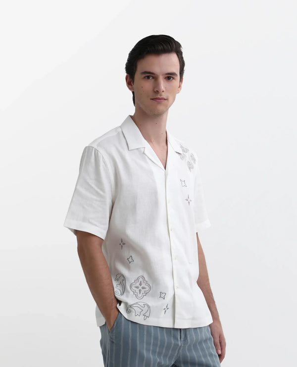 Rare Rabbit Mens Monobo White Cotton Linen Modal Fabric Half Sleeve Cuban Collar Boxy Fit Embroidered Shirt