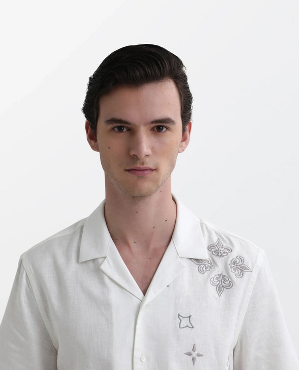 Rare Rabbit Mens Monobo White Cotton Linen Modal Fabric Half Sleeve Cuban Collar Boxy Fit Embroidered Shirt
